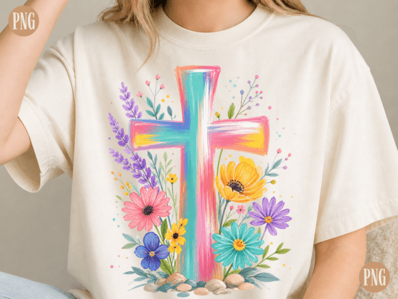 Floral Christian Cross PNG Watercolor T-Shirt Designs